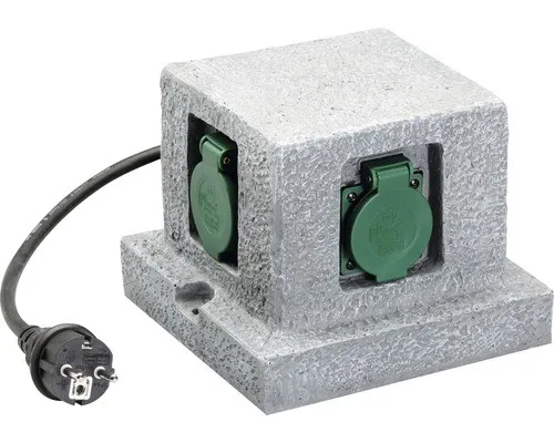 UNITEC Gartensteckdose in Steinoptik - Schutzkontaktstecker für den Außenbereich mit 4 Steckdosen, spritzwassergeschützt (IP44) und einfache Installation dank vormontiertem Anschlusskabel.