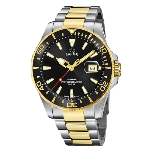 JAGUAR WATCHES Mod. J863/D Uni - Elegante Armbanduhr für Herren mit Quarzwerk, Saphirglas und 20 ATM wasserdicht. Das Bicolor Edelstahlarmband und das schwarze Ziffernblatt mit Datumsanzeige überzeugen durch sportlichen Stil.
