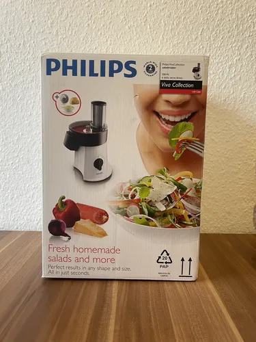 Philips HR1388/80 Viva Collection Salatzubereiter - Allesschneider mit 200 W Leistung für schnelles Zubereiten von frischen Salaten und mehr. Inklusive 6 Edelstahl-Scheibensätzen für vielseitige Schneid- und Reibetechniken.