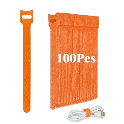Ruayia Klettband Selbstklebend Kabelbinder 100 Stück, Wiederverwendbare Kabelbinder 12 * 150mm Ladekabel Hook & Loop Tape Kabel klettkabelbinder - Orange