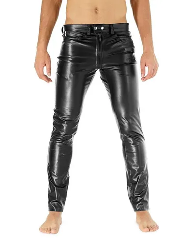 Bockle® Push-Strap Faux Gay-Zip Kunstlederhose Herren, Größe 33W / 34L - Moderne schwarze Kunstlederhose für Herren mit angesagtem Röhre-Schnitt. Ideal für auffällige Outfits und vielseitig kombinierbar.