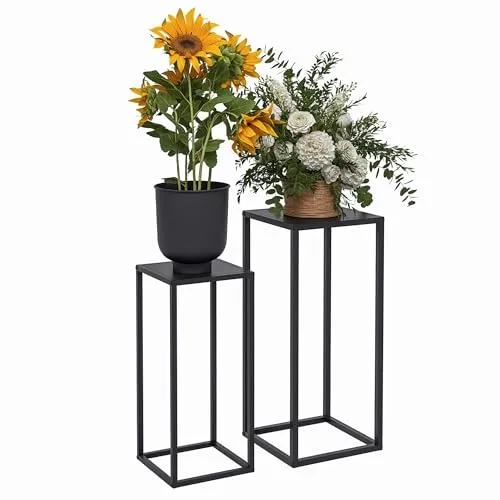 Outsunny 2er-Set Pflanzenständer, Blumenständer mit skandinavischem Design, Stahlbeine, Pflanzenhocker für Balkon Garten, Schwarz