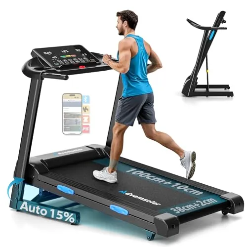 Advamsoler Laufband Für Zuhause mit Automatischer Neigung 15% | Walking Pad Klappbar 14KM/H, 3,0-PS-Motor, 12 Voreingestellte Programme und Fitness App, Fitnessgeräte Belastung 160Kg
