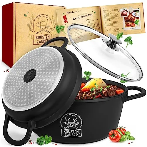 KRUSTENZAUBER 28cm Aluguss Bräter mit Glasdeckel - Ovaler Bräter mit 6L Fassungsvermögen, ideal für alle Herdarten. Antihaftbeschichtung sorgt für müheloses Kochen und einfache Reinigung.