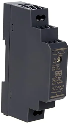 Hutschienen-Netzteil, 15 W, 12 V, 1,25 A; MeanWell HDR-15-12; DIN-Schienen-Transformator.