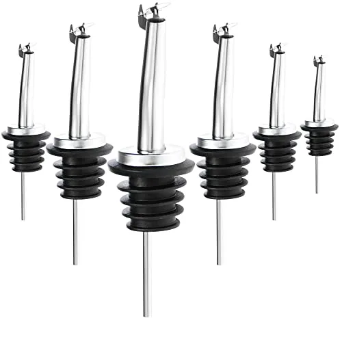 com-four® 6x Flaschenausgießer mit Schutzdeckel - Dosierausgießer aus rostfreiem Edelstahl - Portionierer für Schnaps, Rum, Whiskey, Drinks, Essig, Öl (06 Stück - silberfarben - mit Deckel)