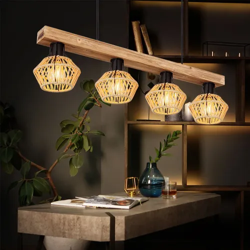 Globo Lighting Hängeleuchte VALLI, Metall dunkelbraun, 4x E27 - Lampen für Wohnzimmer und Küchen, modernes Design mit edlem, mattem Metall und natürlichem Hanf-Schirm für eine angenehme Atmosphäre.