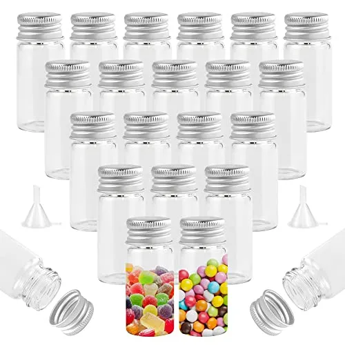 REFORUNG 45 Stück 10ml kleine Glasflasche Glas Reagenzgläser mit Schraubverschluss Aus Aluminium Klare Flüssigkeitsprobe Fläschchen Luftdichte Flaschen mit 2 Trichter für Hochzeit Party Zubehör