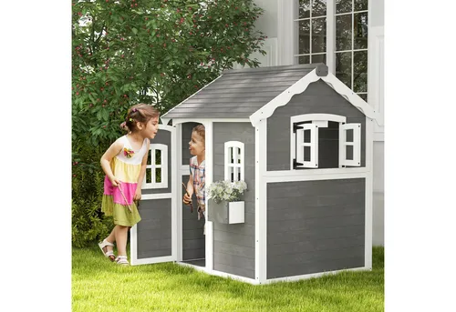 Outsunny Spielhaus für Kinder - Holzspielhaus mit Tür und Fenster - Spielhäuser für Kinder 3-8 Jahre, aus wasserabweisendem Tannenholz, ideal für drinnen und draußen, inklusive Pflanzkasten für kreatives Spielen.