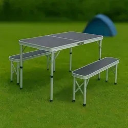 Campingtisch Set GREEN HILL Klapptisch Bank Aluminium klappbar Koffertisch - Grau