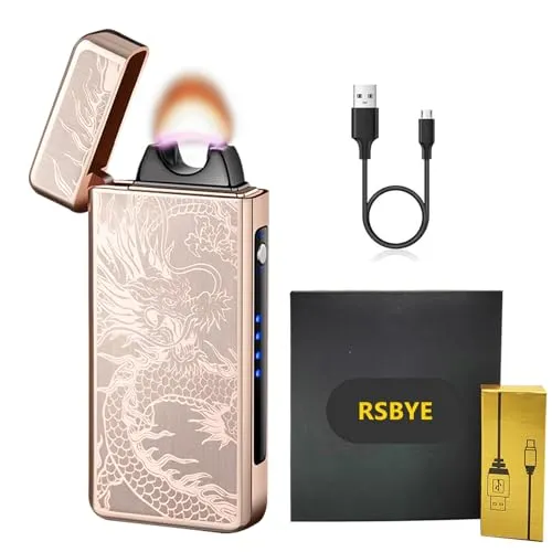 RSBYE USB Elektronische Feuerzeug Lichtbogen Feuerzeug USB Aufladbar Elektrisches Plasma Feuerzeugs mit Batterieanzeige Elektro Winddicht Feuerzeugs Geschenke für Männer Damen (Goldener Drache)