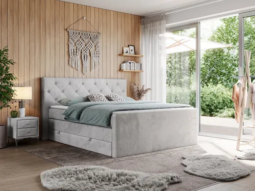 KING VELEN Doppelbett 200x200cm mit Multipocket-Matratze und Topper - Hochwertiges Boxspringbett in Hellgrau mit zwei geräumigen Bettkästen und komfortablem, gestepptem Kopfteil für perfekten Schlafkomfort.