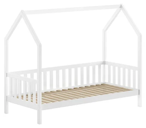 Hausbett Kandace 90x200 Kiefer massiv weiß mit Dachaufbau - Modernes Hausbett mit Dachaufbau, ideal für Kinderzimmer. Aus massiver Kiefer gefertigt, sorgt es für eine gemütliche Atmosphäre und bietet Sicherheit durch seitliche Umrandung. Inklusive Lattenrost für optimalen Schlafkomfort.