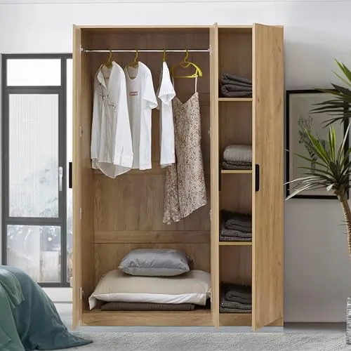 [en.casa] Kleiderschrank Eiselfing 3-türig 176 x 120 x 52 cm MDF Garderobenschrank mit 1 Kleiderstange und 4 Fächern Eiche-Optik