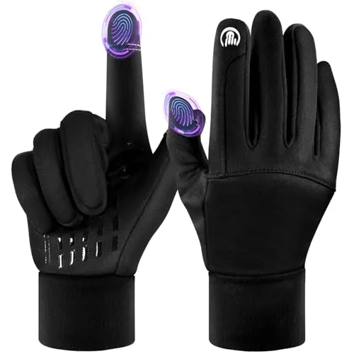 UPhitnis Dünne Fahrradhandschuhe Herren Winter - Thermo Fahrrad Handschuhe Touchscreen für Mann Damen Anti-Rutsch Winddicht - Winterhandschuhe für Radfahren Laufen Fahren Wandern, Schwarz/Größe XL