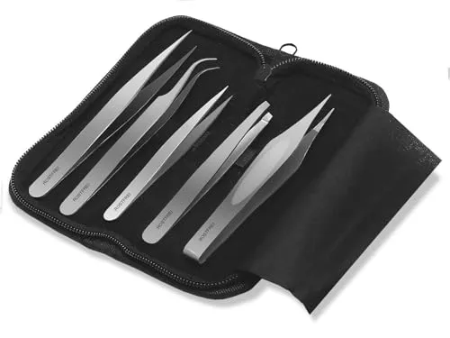 Premium Edelstahl Zeckenentferner-Set Zeckenzange Zeckenpinzette mit Etui Pinzette Spitz 6-Teilig