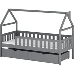 MIRJAN24 Kinderbett mit schubladen Domi, Hausbett, Lattenrost Flex aus Buchensperrholz (Farbe: Asche, Größe: 80x200 cm) - Grau