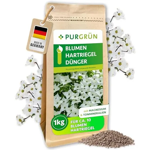 Purgrün Blumenhartriegel Dünger, NPK 5+4+6, 1 kg - Pflanzendünger für Blumenhartriegel – Mit extra Kalium und Magnesium für kräftige Blüten und gesundes Wachstum, ideal für prächtige Pflanzen und verbesserte Bodenqualität.