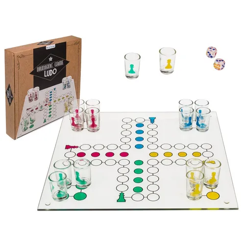GLAS TRINKSPIEL PARTY SPIEL LUDO MIT 16 GLÄSERN & 2 WÜRFELN NEU OVP