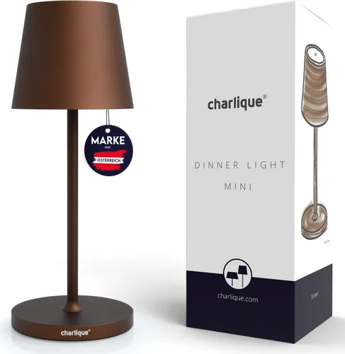 charlique® LED Akku Tischlampe mini (braun) - Dinner Light 28 cm - kabellose Tischleuchte mit USB, für innen und außen, warmes Licht