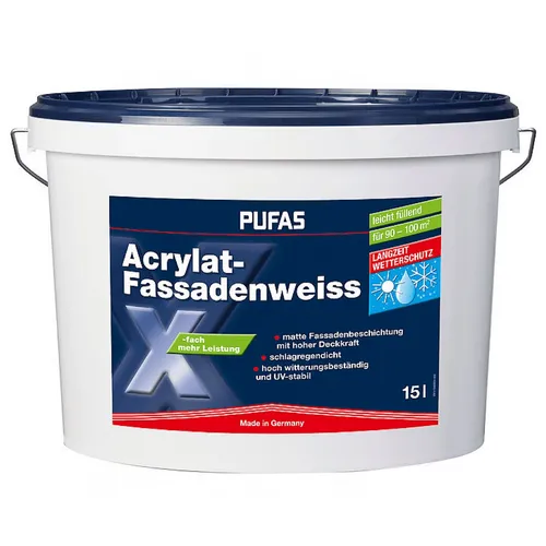 Acrylat-Fassadenweiss PUFAS Dispersionsfarbe wetterbeständig matt 15L (5,99€/1l)