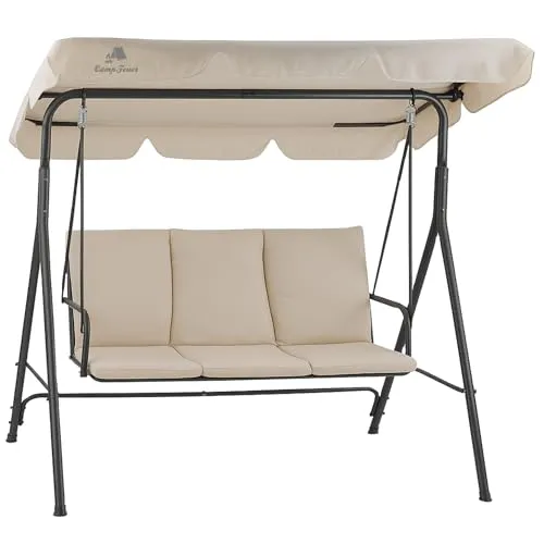 HinHocker Hollywoodschaukel 3-Sitzer mit Sonnendach | Beige | bis 250 kg belastbar | Schwingliege, Schaukelbank Outdoor | Gartenschaukel, Swing Chair | Softschaukel, Verandaschaukel, Outdoor Sitz