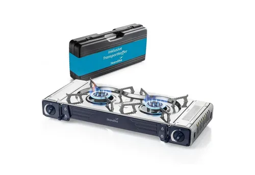 Skandika Gaskocher Brann 2-flammig - Campingkocher mit 2 Flammen und Piezo Zündung, ideal für Outdoor-Abenteuer und einfaches Kochen unterwegs.