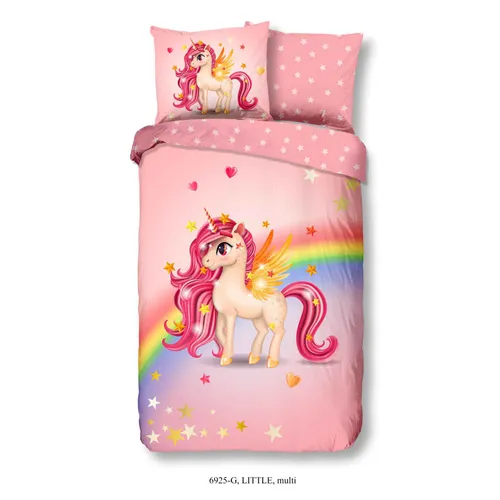 Good Morning Kinder Bettwäsche-Set Little 140×200/220 cm - Regenbogen-Einhorn - 2-teiliges Bettwäsche-Set aus 100% Baumwolle, atmungsaktiv und pflegeleicht. Der auffällige Aufdruck sorgt für Freude im Kinderzimmer und bietet ganzjährig Komfort. Waschbar bei 40 °C.