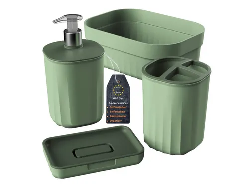 Engelland Badaccessoire-Set Badezimmer-Set, 4-teilig, bestehend aus Seifenspender, Seifenschale, Zahnbürstenhalter & Organizer, Vorteils-Set, 4 tlg., 4-teilig, modernes Design, robuster Kunststoff, BPA-frei, Rillen-Optik