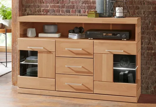 Home affaire Sideboard Ribe, 125cm - Massivholz & Glas - Stylisches Sideboard in 125cm Breite, aus FSC®-zertifiziertem Holz mit 5 Fächern und 3 Schubladen. Ideal für dekorativen Stauraum im Flur, Wohnraum oder Schlafzimmer.