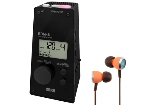 Korg Metronom KDM-3 Digital Schwarz mit In-Ear Kopfhörern - Metronom für Musiker mit stilvollem Design, 19 Taktarten und intuitiver One-Touch-Bedienung. Mit Audiofly In-Ear Kopfhörern für präzises Üben und hohen Komfort.