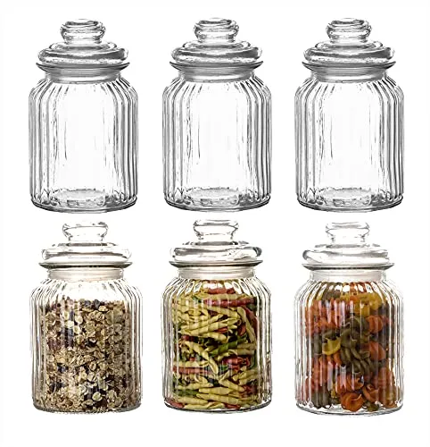 BigDean 6x Bonbongläser 1 Liter - Vintage Vorratsgläser mit Deckel - Glasbehälter & Töpfe - 6 Vorratsdosen aus dickem Glas mit Vintage-Design, ideal für Süßigkeiten, Kekse, Kräuter und Gewürze. Der abdichtende Gummiring schützt vor Luft und Feuchtigkeit.