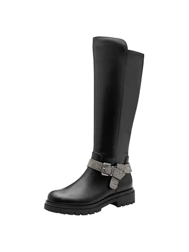 MARCO TOZZI Langschaftstiefel mit Schmuckbesatz - Modische Wanderschuhe in Schwarz mit Blockabsatz und wärmendem Innenmaterial. Ideal für stilbewusste Frauen, die Komfort und Eleganz verbinden möchten.