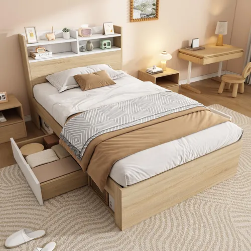 Holz-Einzelbett 90x200 Weiß/Eiche mit Stauraum - Platzsparendes Einzelbett mit elegantem Kopfteil und zwei geräumigen Schubladen für praktischen Stauraum. Ideal für kleinere Schlafzimmer und mit zeitlosem Design.