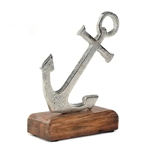 DESIGN DELIGHTS AUFSTELLER Maritim | Mangoholz, Metall, 16 cm | Ankerskulptur auf Sockel, Metallskulptur, Schiffsanker Figur