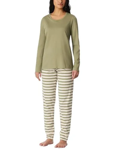Schiesser Pyjama Casual Essentials 2 tlg. Schlafanzug in Grün 4XL (48) - Bequemer 2-teiliges Pyjama Set aus 100% Baumwolle, ideal für entspannte Nächte. Der Rundhalsausschnitt und die langen Ärmel sorgen für hohen Tragekomfort.