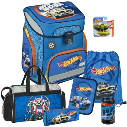 Pridera Scooli Schulranzen 1.Klasse Jungen Hot Wheels Auto EasyFit Schulranzen-Set 8tlg. mit Sporttasche, passend dazu Spardose Hot Wheels Auto gratis