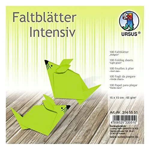 Ursus 3145551 - Faltblätter Uni intensiv, hellgrün, ca. 15 x 15 cm, 65 g/qm, 100 Blatt, aus Plakatpapier, durchgefärbt, für kleine und große Origami Künstler, ideal für vielseitige Bastelarbeiten