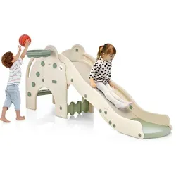 COSTWAY 4-in-1 Kinder Rutsche & Spielset - Grün - Multifunktionale 4-in-1 Rutsche für Kinder ab 18 Monaten. Inkl. Basketballkorb und Tunnel für vielseitigen Spielspaß. Stabil und sicher mit rutschfesten Stufen und abgerundeten Kanten für unbeschwertes Spielen.