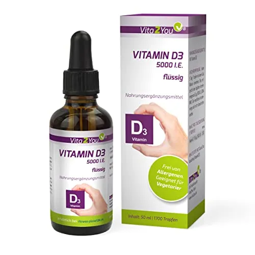 Vita2You Vitamin D3 5000 IE flüssig 50ml - (5.000 IE pro Tropfen) - Hochdosiert - 1700 vegetarische Tropfen - Vitamin D (Cholecalciferol) - Hohe Bioverfügbarkeit durch MCT-Öl - Premium Qualität