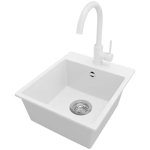 PRIMAGRAN Granitspüle Weiß 38x44cm, Spülbecken 1 Becken + Küchenarmatur 32x20cm + Ablauf-Set, Küchenspüle ab 40er Unterschrank - Riga Easy S011