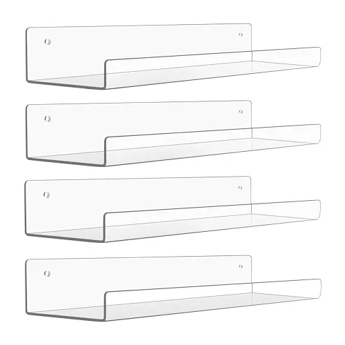 Winter Shore 380 mm Durchsichtiges Schwebendes Regal [4er-Pack] - Unsichtbares Acrylic Shelf für Bücher, Deko, Pflanzen, Spielzeug - Regal Schwebend für Bad, Küche, Büro, Schlaf-, Wohn- & Kinderzimmer