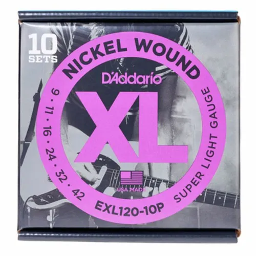 D'Addario EXL120-10P E-Gitarrensaiten, Super Light, 9-42, 10 Sets - Elektrogitarren-Saiten mit vielseitigem, hellem Ton und patentiertem Hex-Core für perfekte Intonation und Haltbarkeit - ideal für alle Musikgenres.