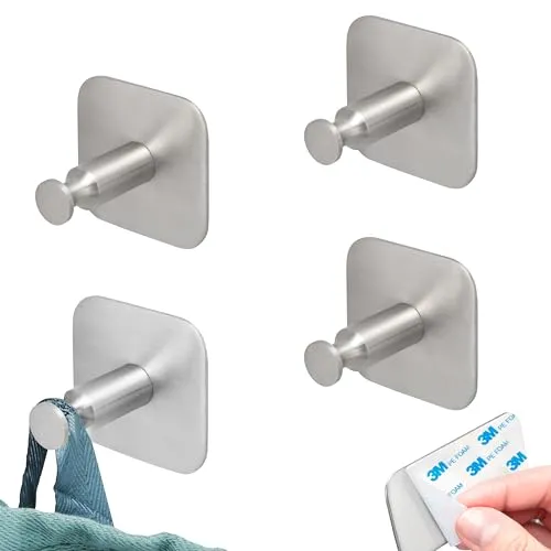 bremermann Bad-Serie PIAZZA TAPE- Handtuchhaken 4er Set ohne Bohren, mit Klebepad - selbstklebend, Wandhaken für Handtücher und Bademantel, für Bad und Küche, aus Edelstahl matt