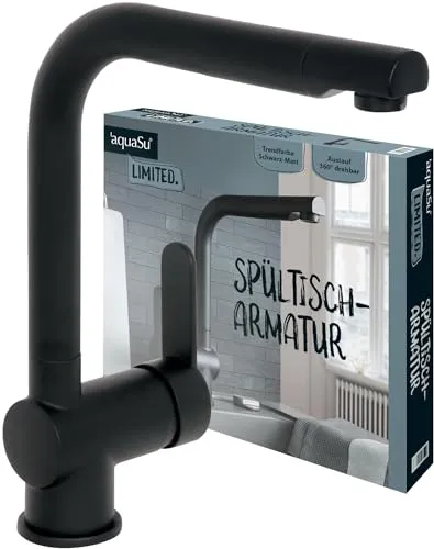 aquaSu® Limited Küchenarmatur Spüle, Kosten-sparende Kaltwassermittelstellung, Spültischarmatur Auslauf drehbar, Wasserhahn Küche, Keramikkartusche, Hochdruck, Messing, matt-schwarz, 870276