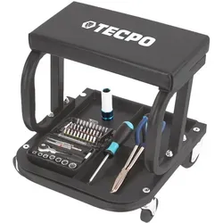 TECPO Werkstatthocker höhenverstellbar mit 360 Grad Rollen - Bürohocker mit gepolsterter Sitzfläche für langen Komfort, ideal für Werkstätten. Robuster Stahlrahmen mit 125 kg Tragkraft und praktische Ablagefächer für Werkzeuge.