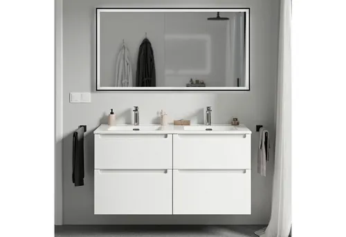 Bernstein Waschbeckenunterschrank VIREO 120cm mit Doppelwaschbecken - Eleganter Waschtischunterschrank in Weiß matt mit 4 Schubladen, ideal für stilvolle Badezimmer. Inklusive hochwertigem Doppelwaschbecken für optimalen Komfort.