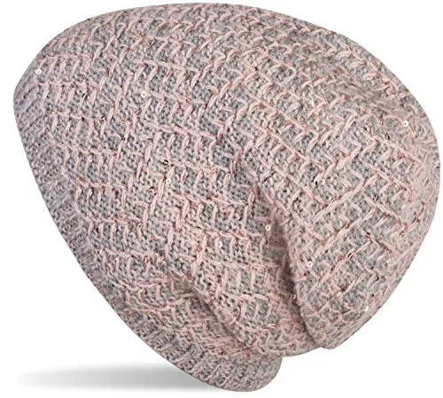 styleBREAKER Damen Strick Beanie Mütze mit Pailletten und Thermo-Fleece Futter, Winter Slouch Beanie 04024168, Farbe:Rose-Grau