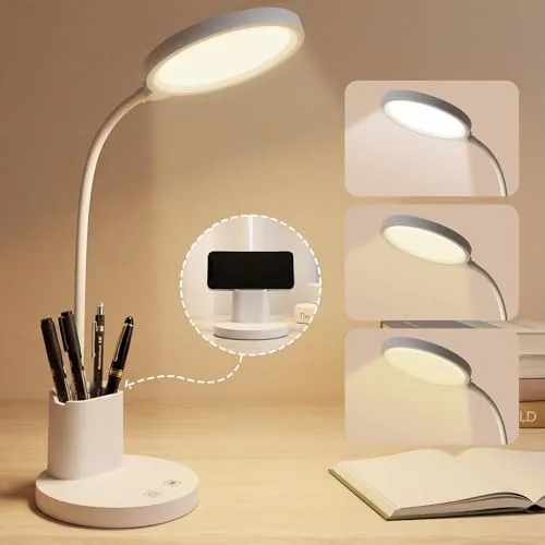 LQWELL Touch LED Schreibtischlampe für Kinder Erwachsene, 360° Schwanenhals 3 Farben & Helligkeit Dimmbare mit Stifthalter, Platzierung des Mobiltelefons, 1.2m Netzkabel, Stecker, Weiß