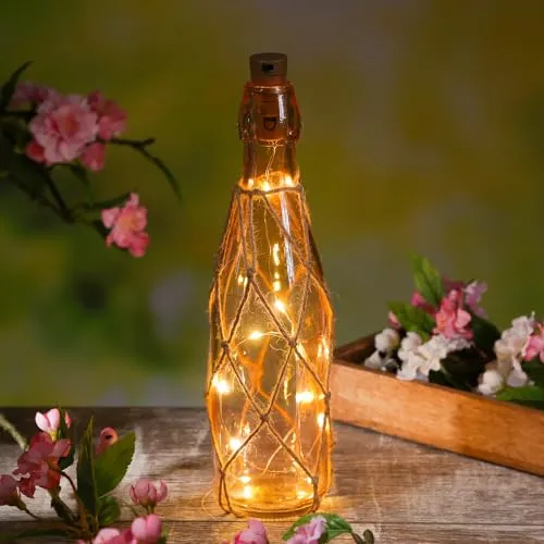 LED Dekoflasche mit Lichterkette Juteseil Leuchtflasche Flaschenlicht (Hellrosa)